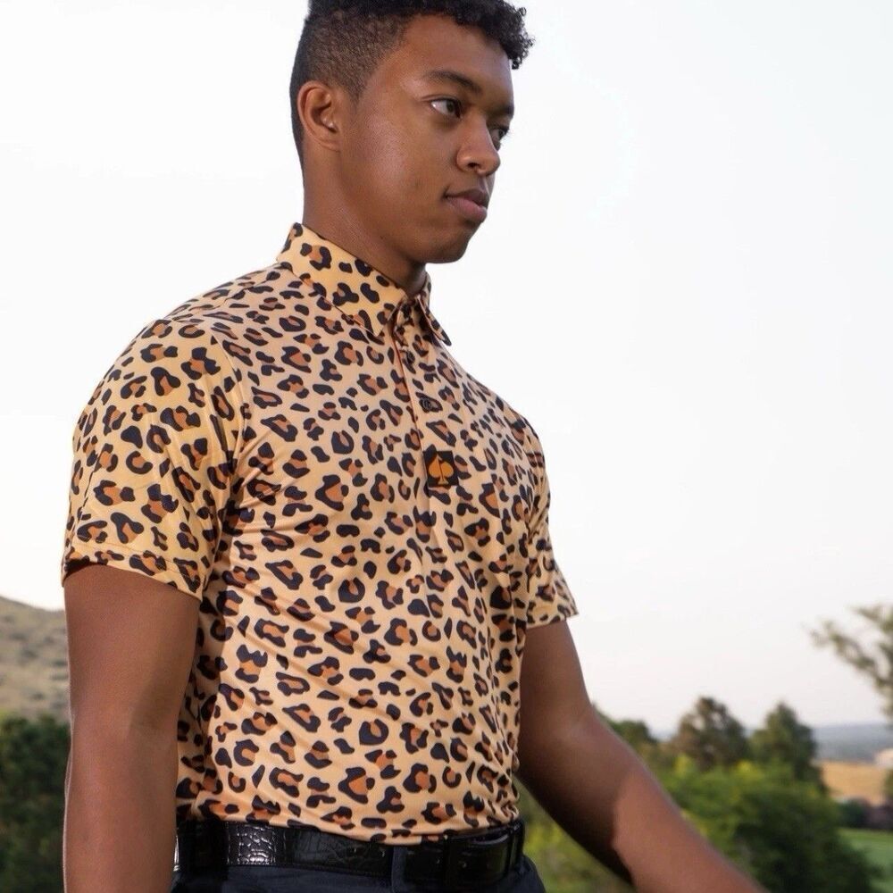 Pins & Aces Men’s Jungle Cat Golf Polo Shirt NEW Tan Leopard Print 3XL